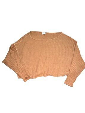 By Together Waflle Knit Raw Bottom Cropped Shirt-Brown-M/L-GUC